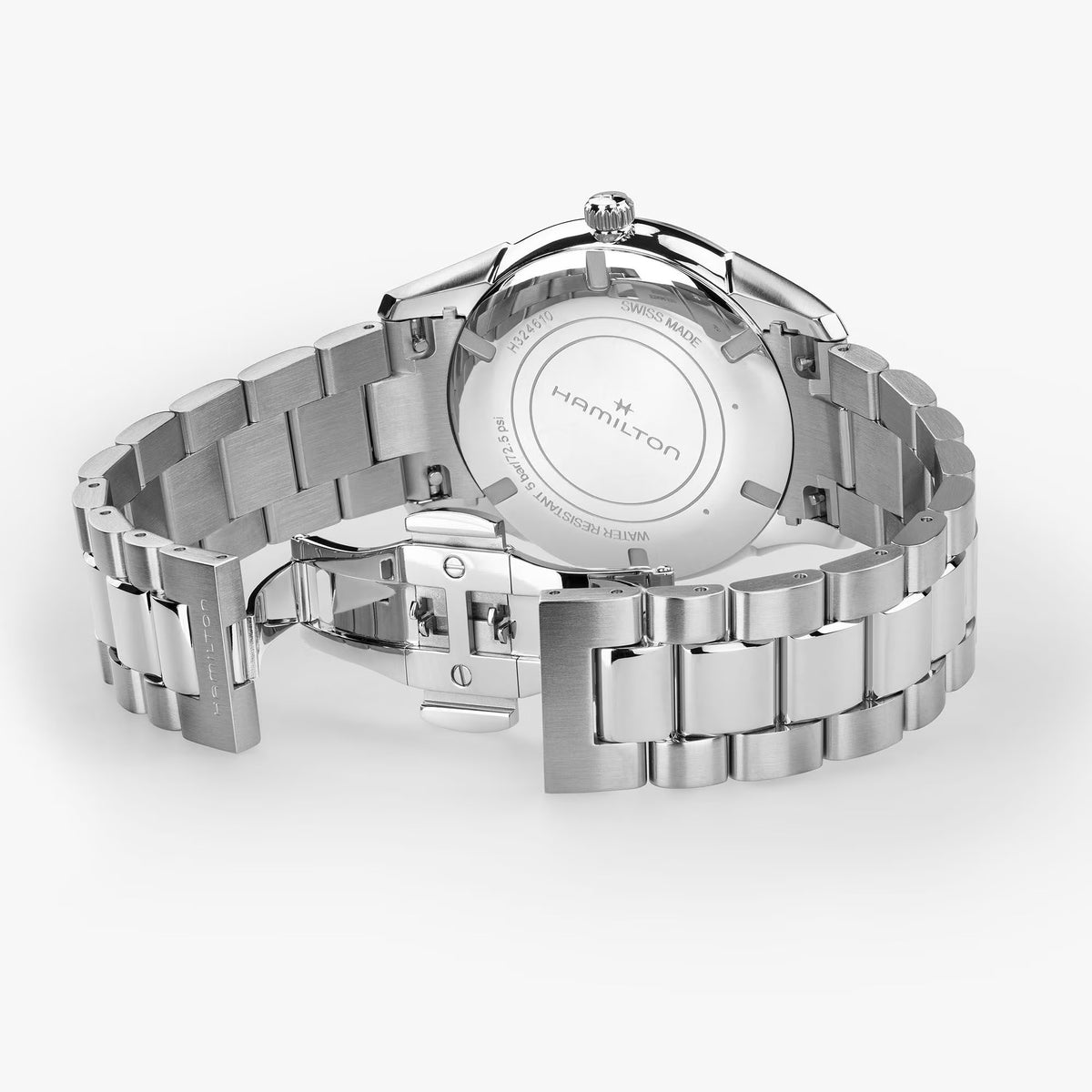 Silver Hamilton watch on a white background

Hamilton Jazzmaster Quartz 40mm H32461141 Bandiera Jewellers