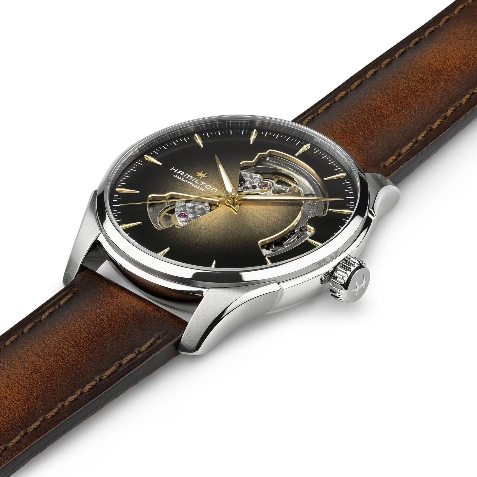 Watch with brown leather strap and black face on a white background

Hamilton Jazzmaster Open Heart Watch H32675501 Bandiera Jewellers