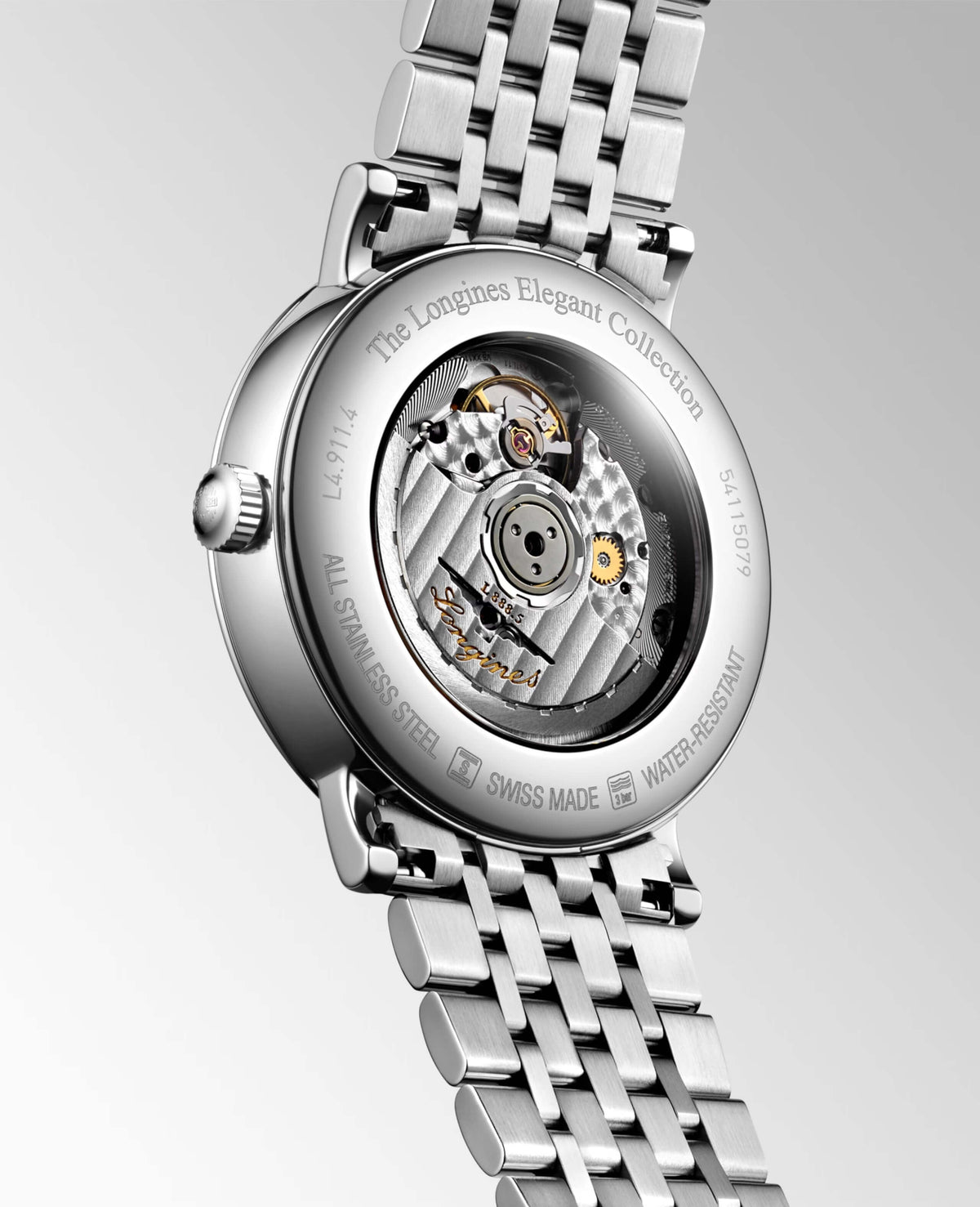 Silver watch with open face revealing mechanical components on a light gray background

Longines Elegant Collection L49114116 Bandiera Jewellers