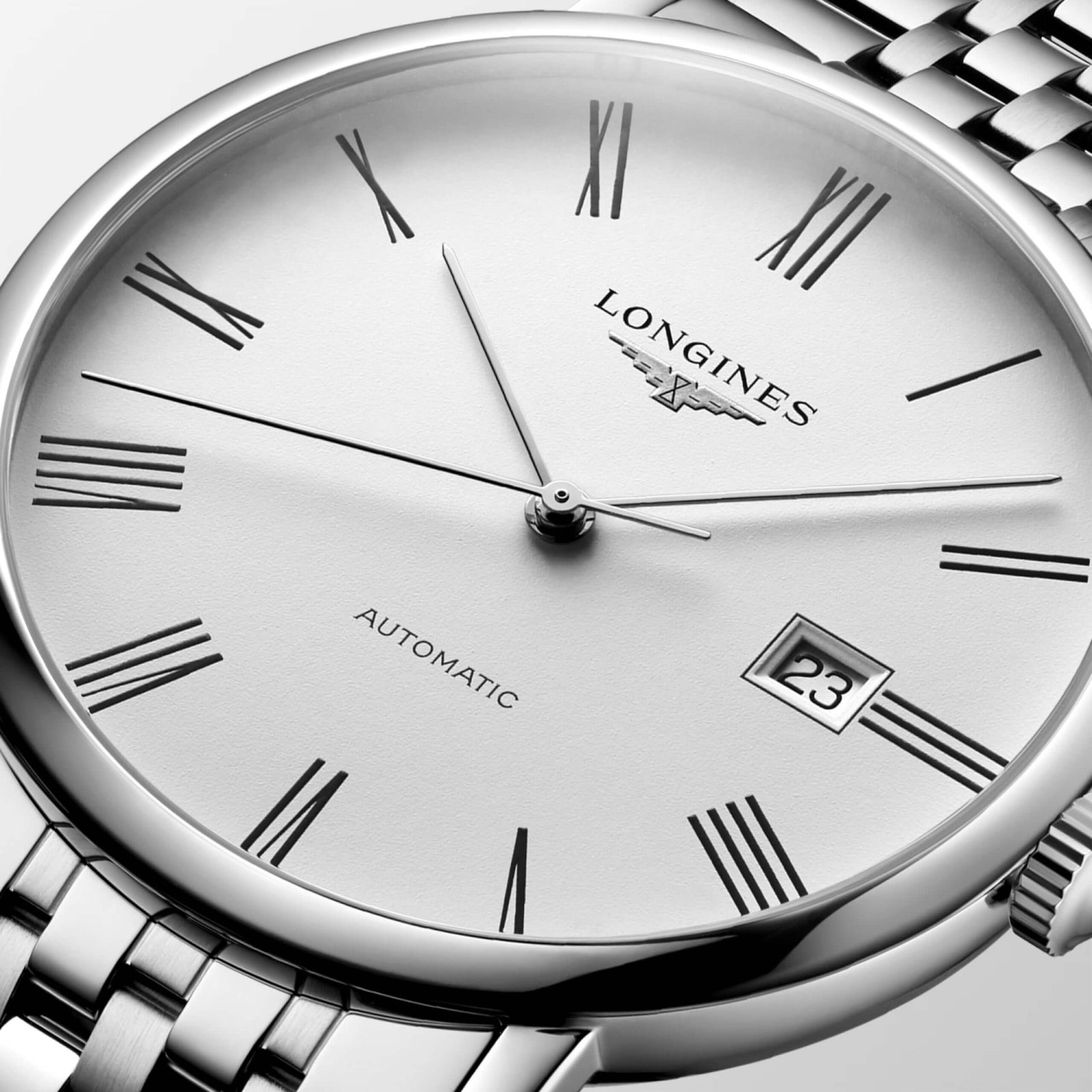 Longines watch with silver case and bracelet on a light gray background

Longines Elegant Collection L49114116 Bandiera Jewellers
