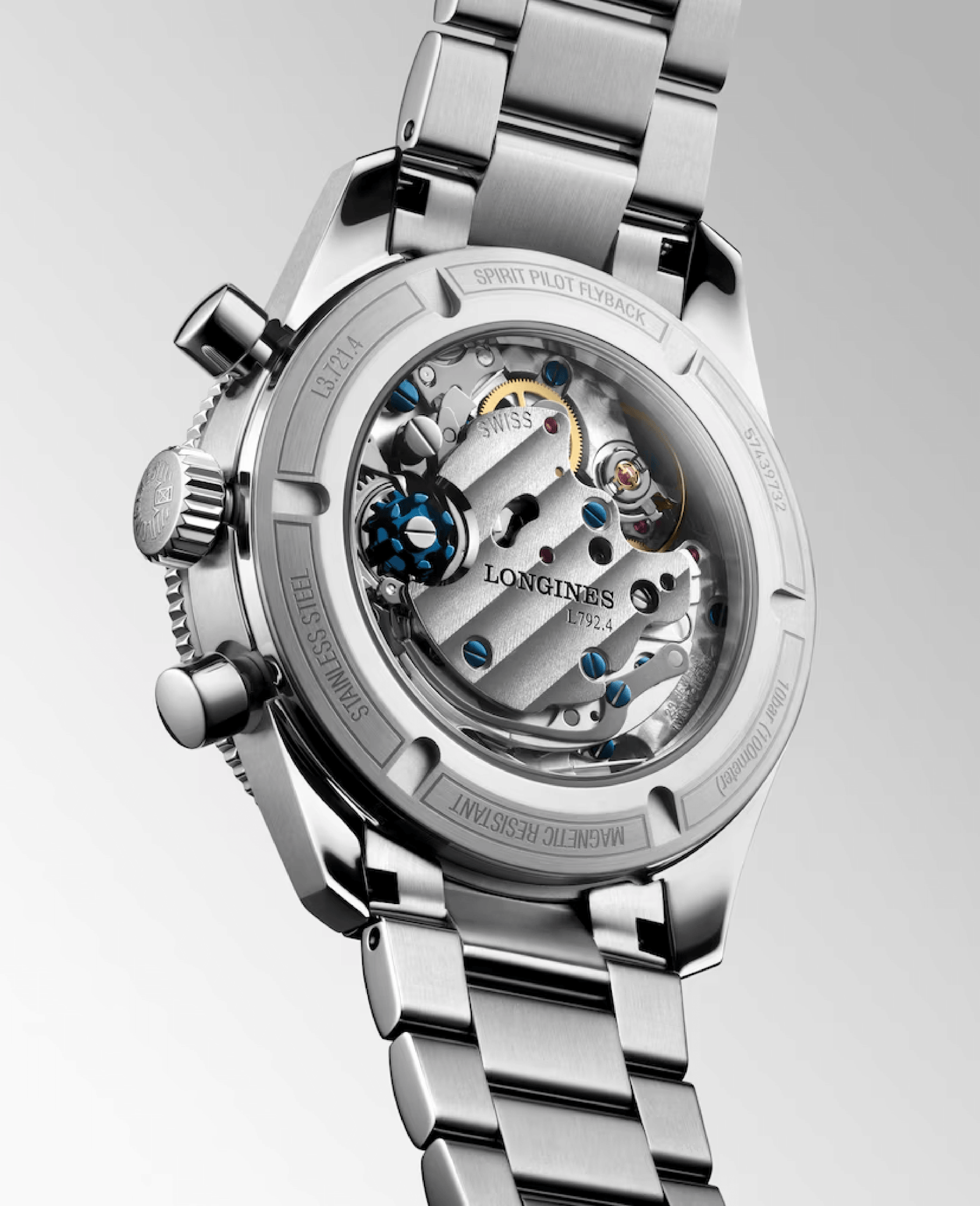 Silver watch with black face on a white background

Longines Spirit Pilot Flyback L37214536 Bandiera Jewellers