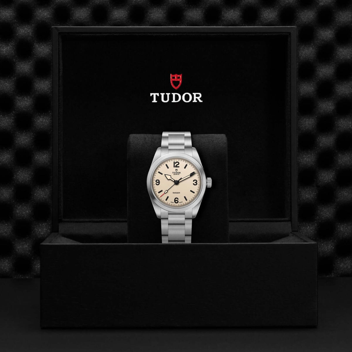 Tudor watch in a black display case with the Tudor logo.

Tudor Ranger M79930-0007 Bandiera Jewellers