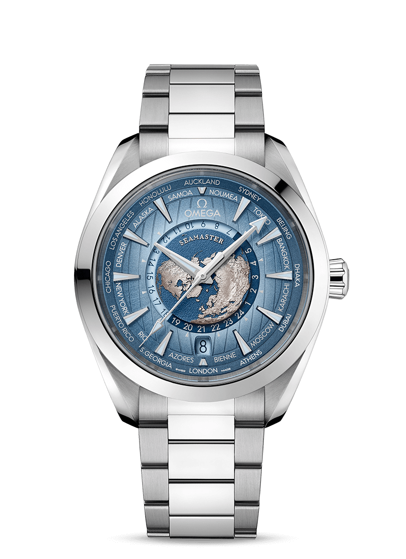 Omega Seamaster Aqua Terra 150M Co‑Axial Master Chronometer GMT Worldtimer 43 mm 220.10.43.22.03.002 Bandiera Jewellers