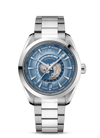 Omega Seamaster Aqua Terra 150M Co‑Axial Master Chronometer GMT Worldtimer 43 mm 220.10.43.22.03.002 Bandiera Jewellers