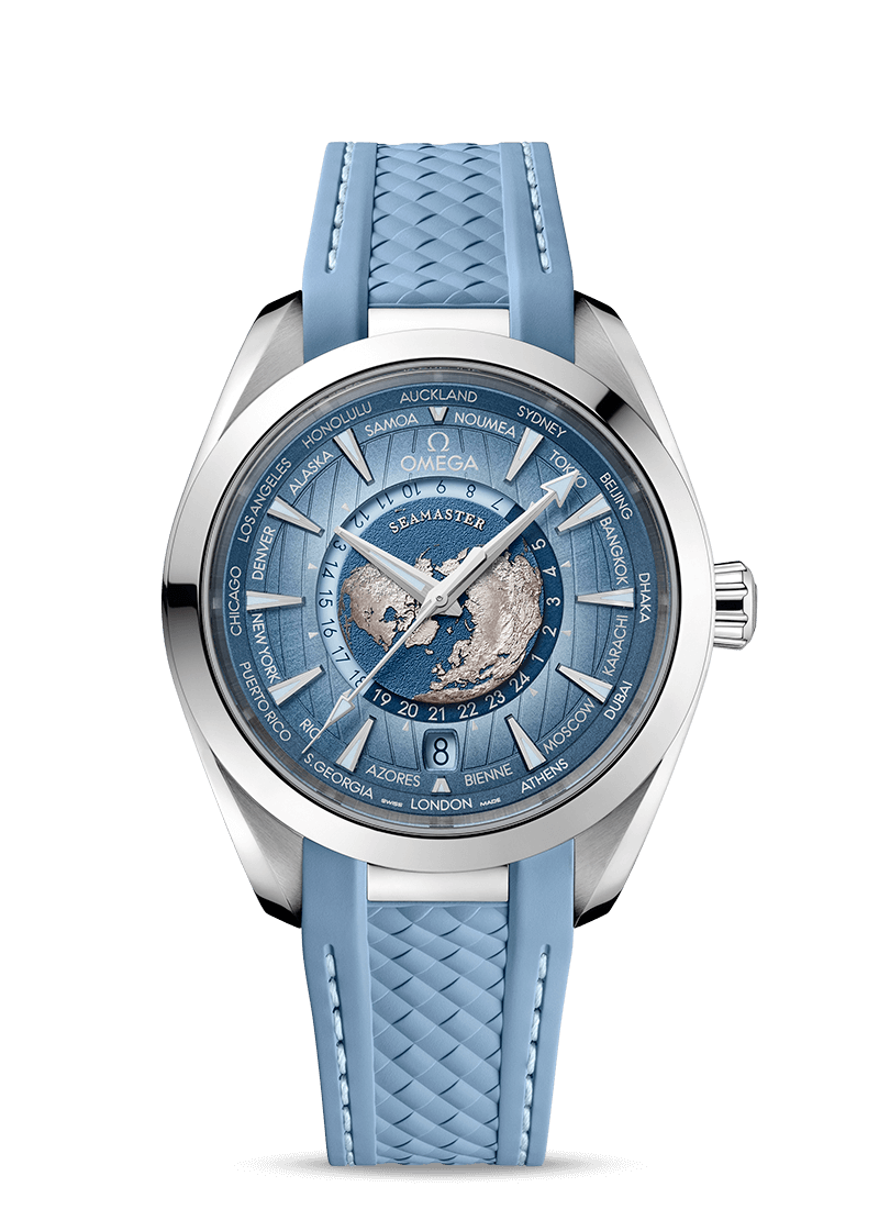 Omega Seamaster Aqua Terra 150M Co‑Axial Master Chronometer GMT Worldtimer 43 mm 220.12.43.22.03.002 Bandiera Jewellers