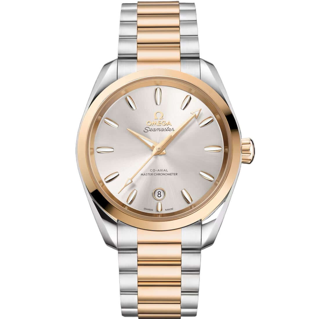 Two-tone Omega watch with silver and rose gold band on a black background