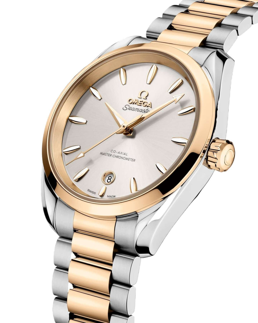 Two-tone Omega watch with silver and rose gold band on a black background
