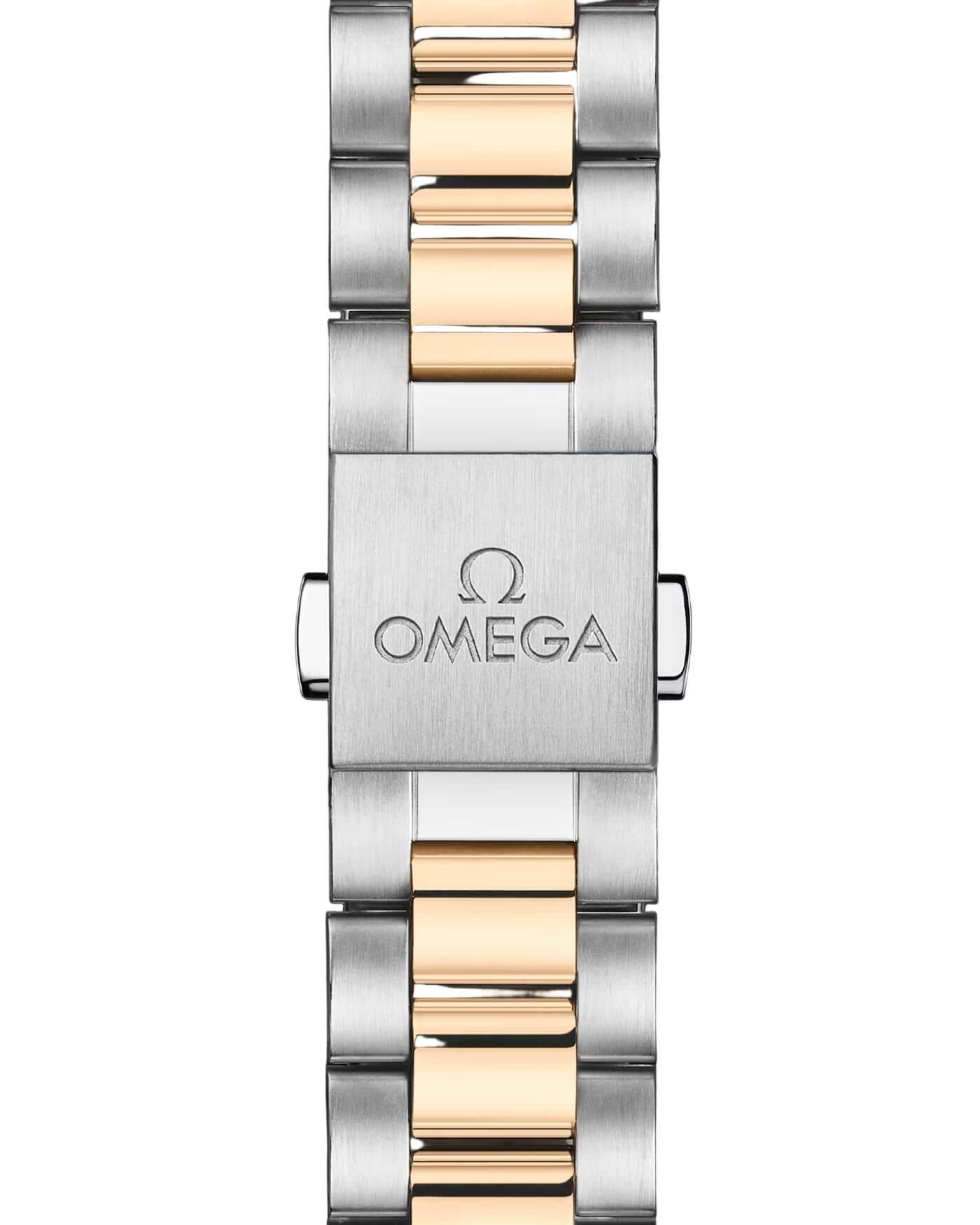 Omega watch with two-tone metal bracelet on a white background