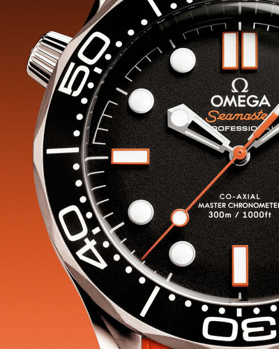 Omega Seamaster Pro wristwatch with black dial and orange accents on an orange background