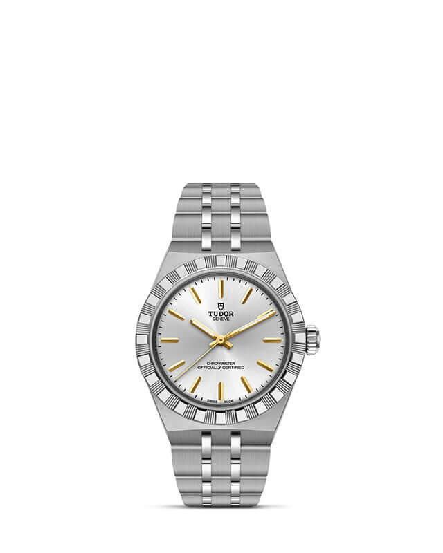 Silver watch with a white face and gold accents on a white background

Tudor Royal 30mm M2830A1A0-0002 Bandiera Jewellers