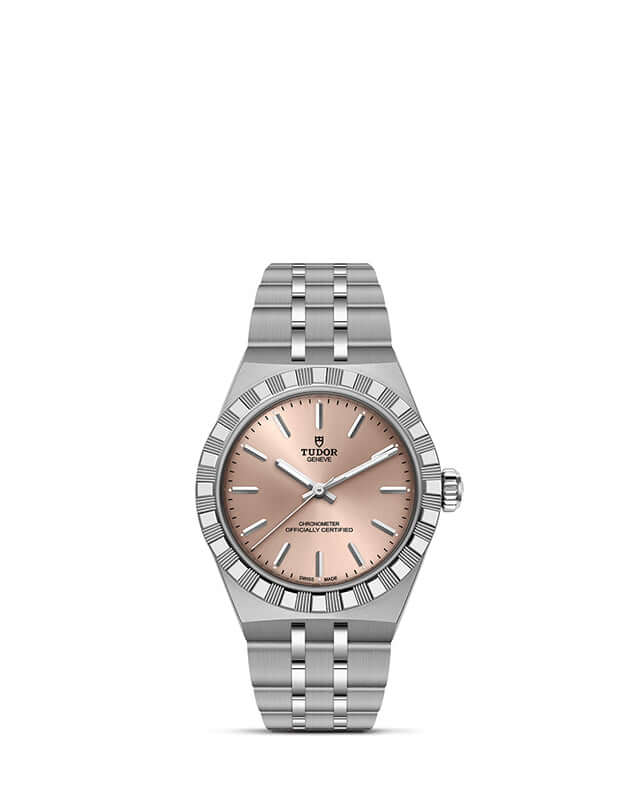 Silver watch with a pink face on a white background

Tudor Royal 30mm M2830A1A0-0003 Bandiera Jewellers