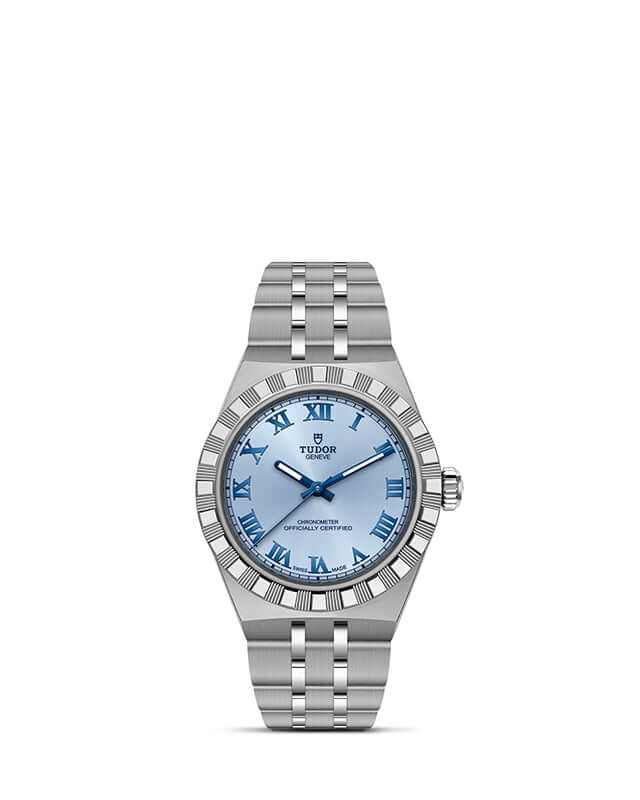 Silver watch with blue face on a white background

Tudor Royal 30mm M2830A1A0-0004 Bandiera Jewellers