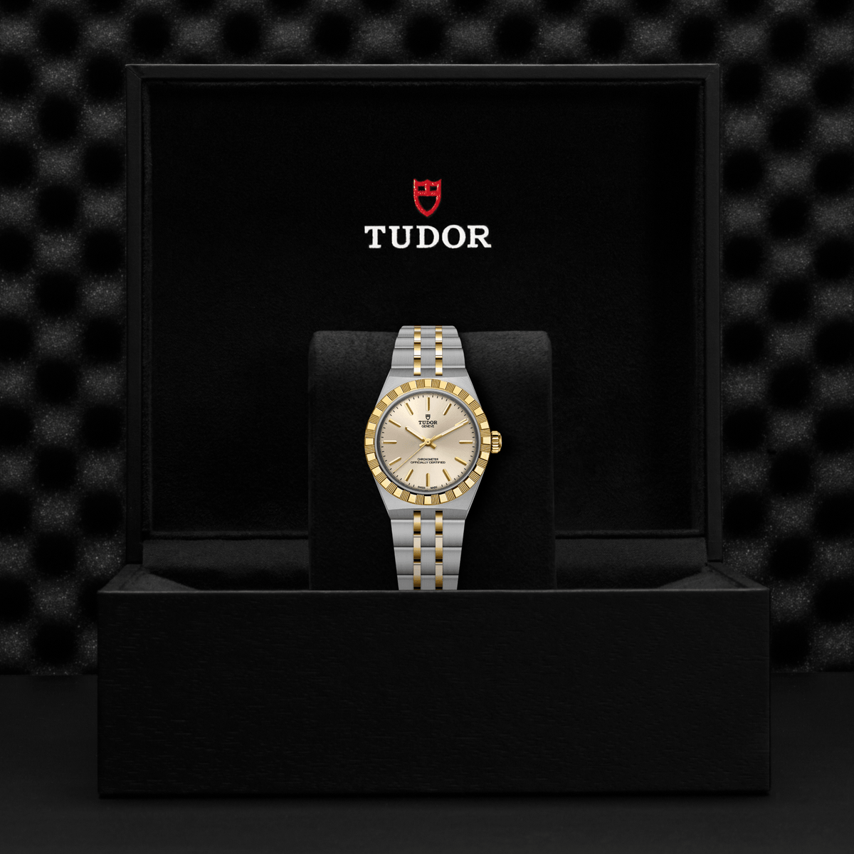 Tudor watch in a black display case with a textured black background

Tudor Royal 30mm M2830A1A3-0003 Bandiera Jewellers