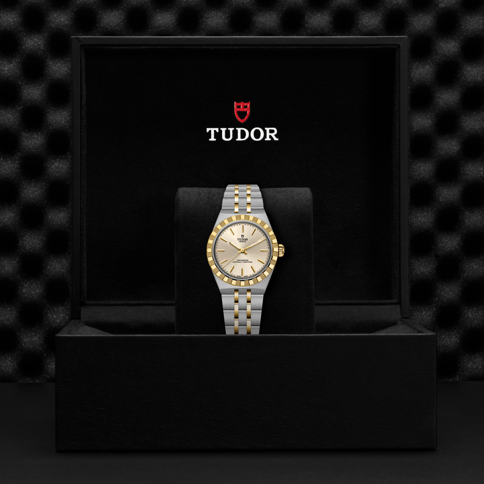 Tudor watch in a black display case with a textured black background

Tudor Royal 30mm M2830A1A3-0003 Bandiera Jewellers