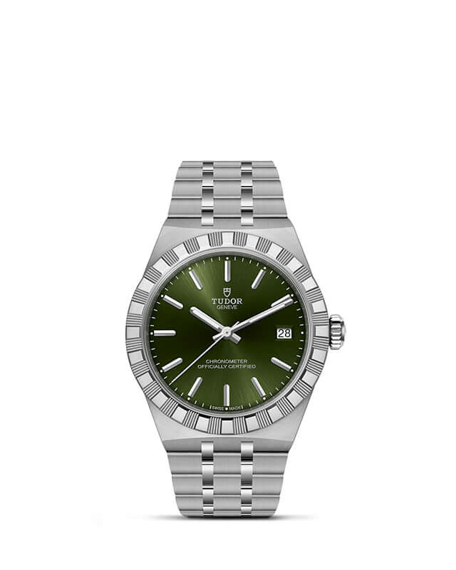Silver watch with a green dial on a white background

Tudor Royal 36mm m2840d1a0-0003 Bandiera Jewellers
