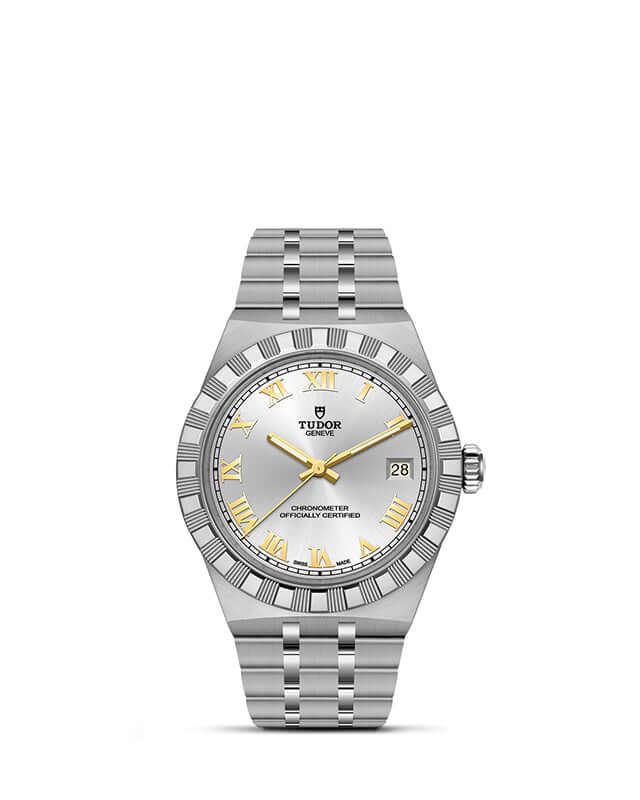 Silver watch with a white face and gold accents on a white background

Tudor Royal 36mm m2836c1a0-0104 Bandiera Jewellers