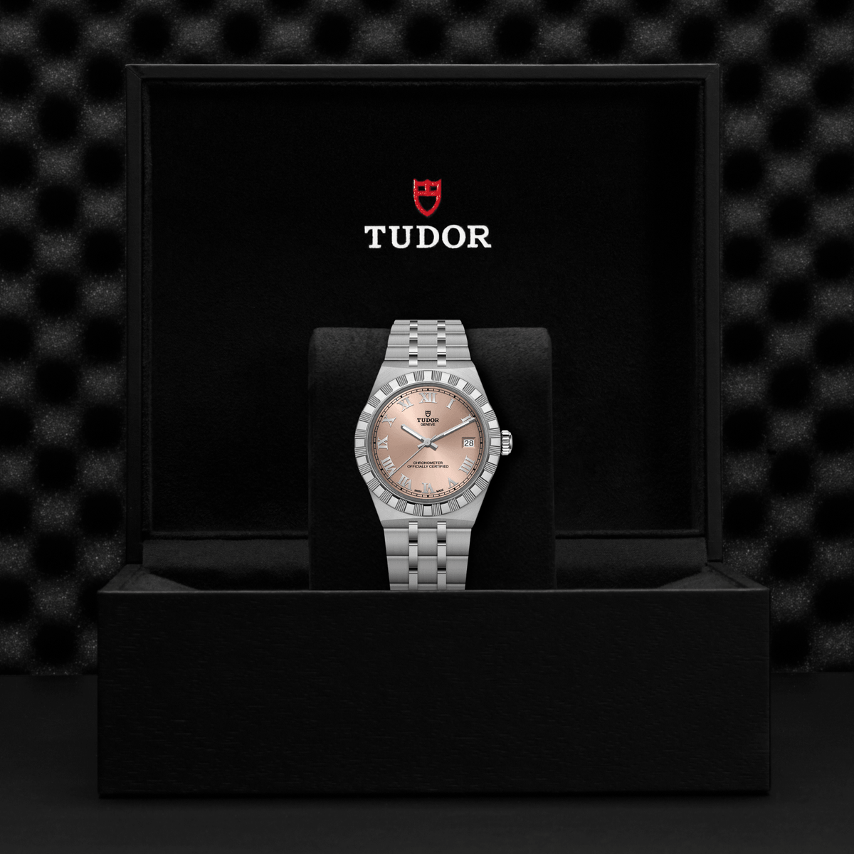 Tudor watch in a black display case with a checkered pattern

TUDOR Royal 36mm M2836C1A0-0105 Bandiera Jewellers