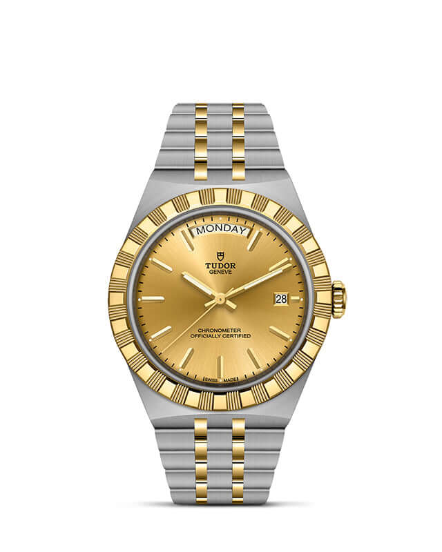 Tudor watch with gold and silver band on a white background

Tudor Royal 40mm M2840D1A3-0002 Bandiera Jewellers