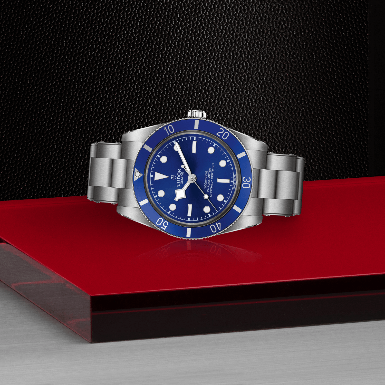 Silver watch with blue face on a red platform against a black background

Tudor Black Bay 54 M79000B-0001 Bandiera Jewellers