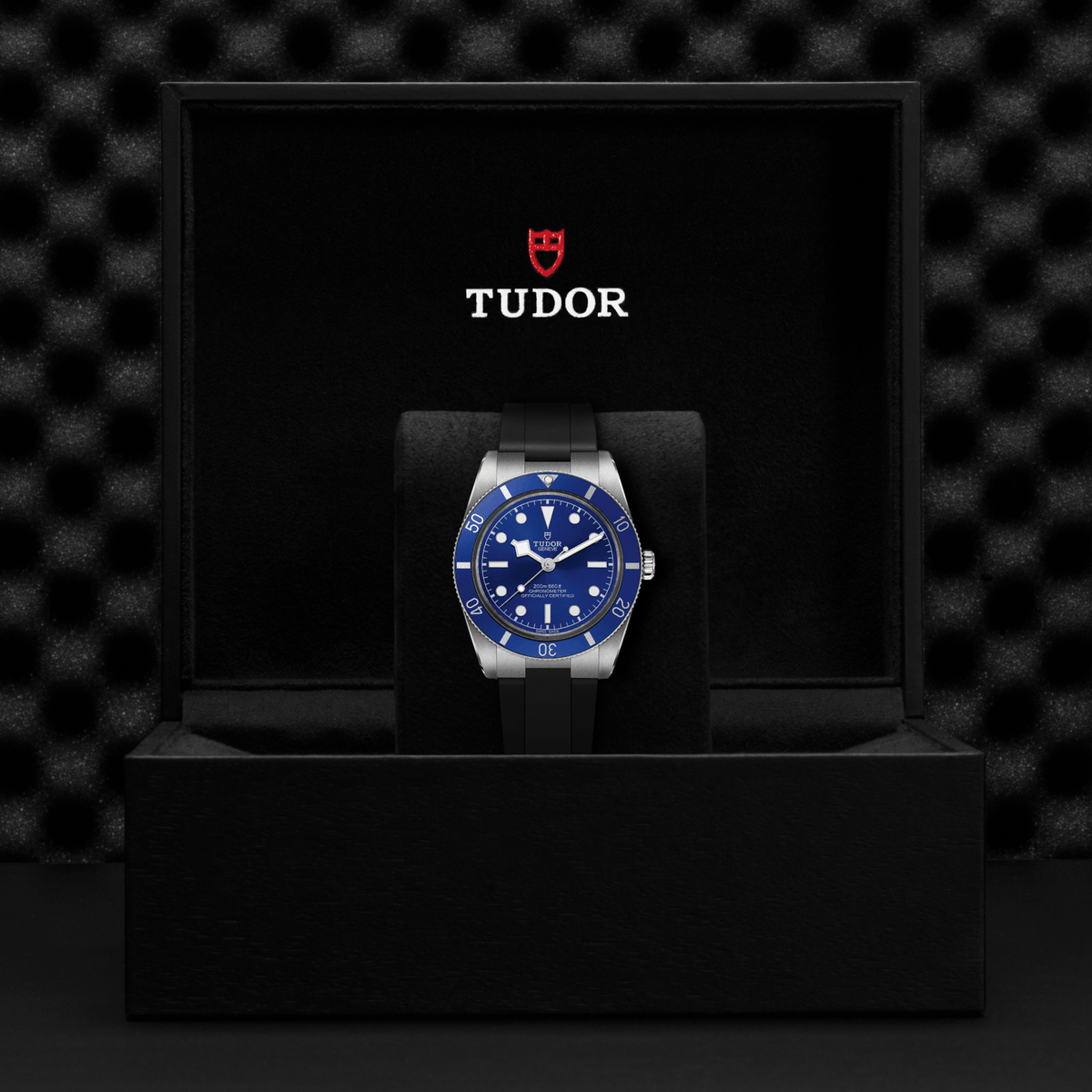 Tudor watch with blue face and silver case in a black box against a dark textured background

Tudor Black Bay 54 M79000B-0002 Bandiera Jewellers