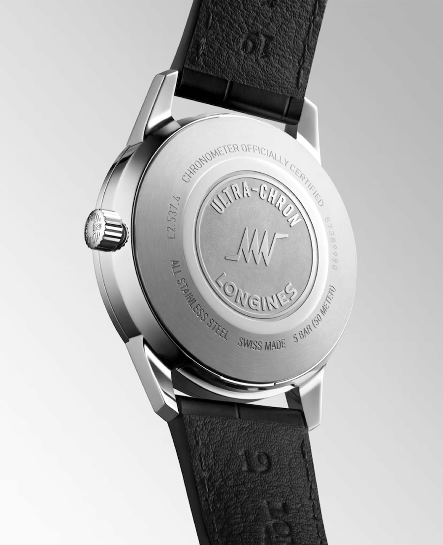 Longines watch with black leather strap on a white background

Longines Ultra-Chron Classic Automatic L25374722 Bandiera Jewellers