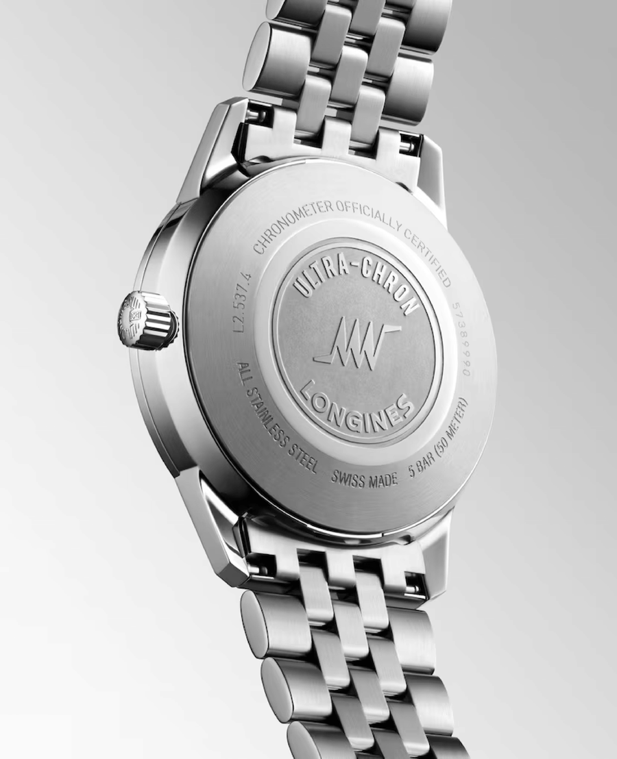 Silver Longines watch with a white face on a white background

Longines Ultra-Chron Classic Automatic L25374726 Bandiera Jewellers