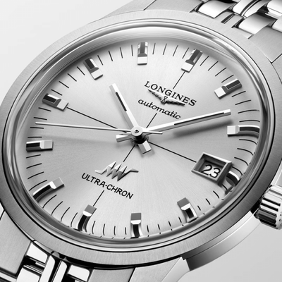 Silver Longines watch with detailed face and bracelet

Longines Ultra-Chron Classic Automatic L25374726 Bandiera Jewellers