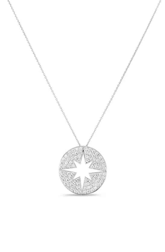 Roberto Coin 18k White Gold and Diamonds Star Burst Pendant on Chain 002127AWCHX0