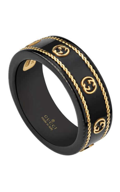 GUCCI 18K Yellow Gold &amp; Black Synthetic Corundum Icon Ring YBC606826001 | Bandiera Jewellers Toronto and Vaughan