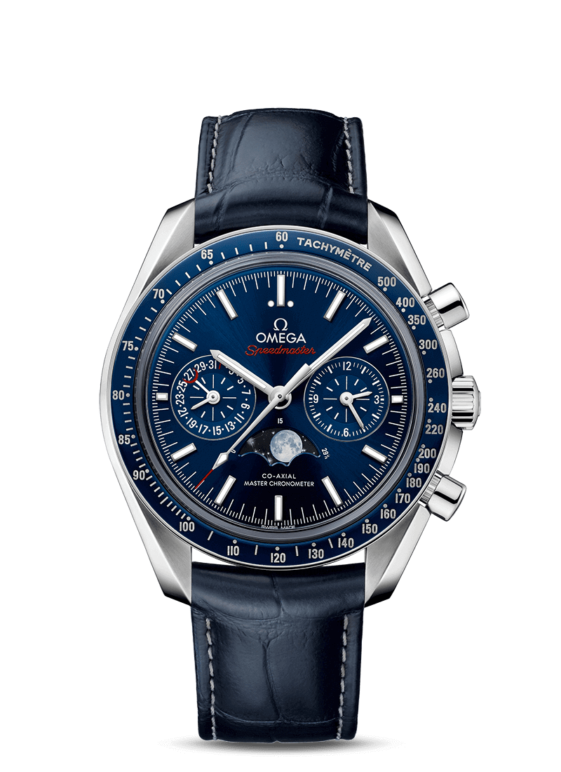 Omega Speedmaster Moonphase chronograph watch with blue ceramic bezel and black dial features.