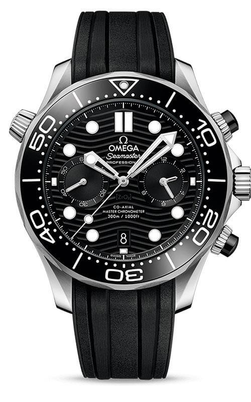 Omega Seamaster Diver 300M chronograph on a black rubber strap with black dial and chronograph subdials.